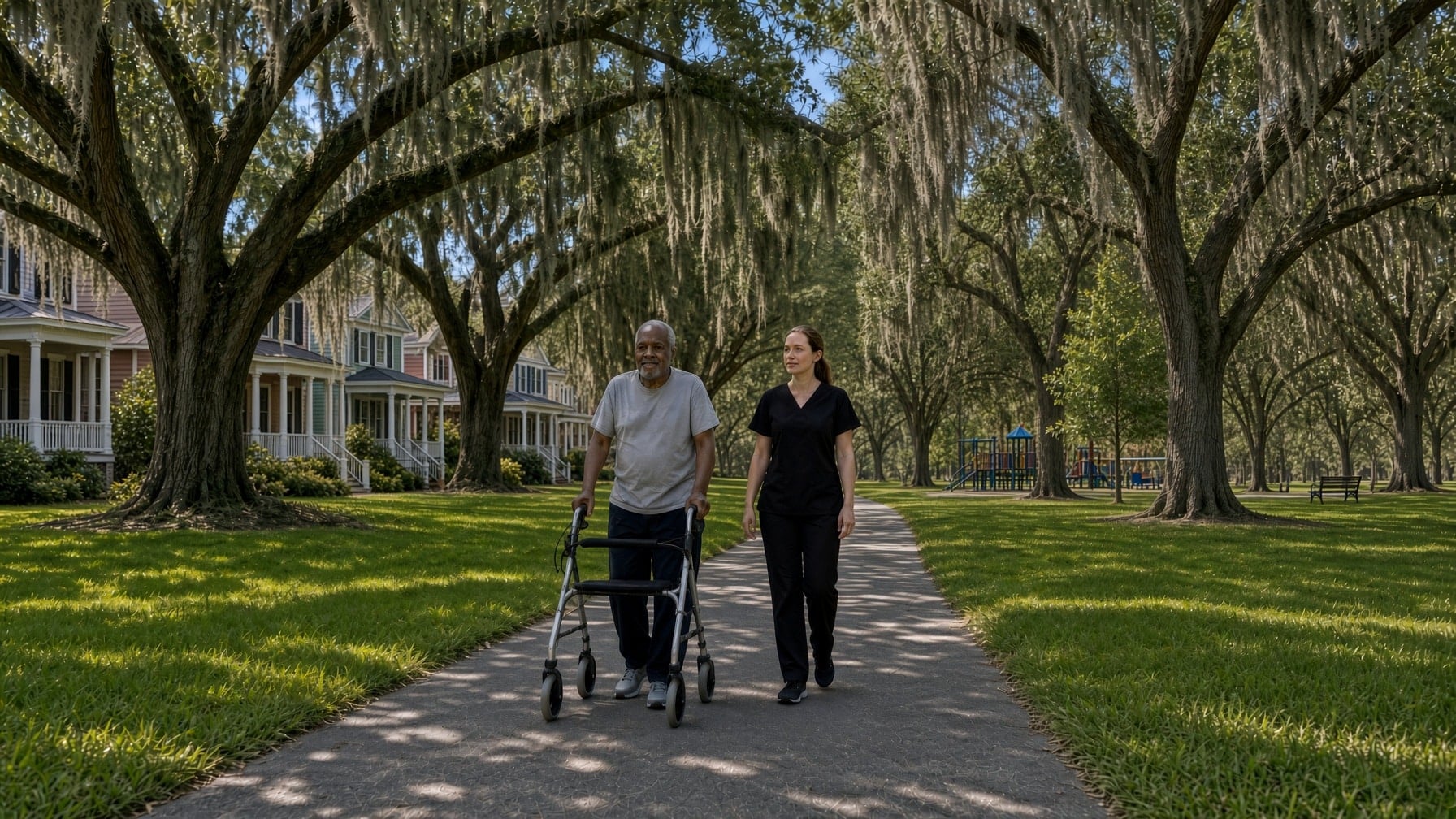 Older man walking with a rolling walker beside a female caregiver on a shaded path lined with Spanish moss–draped live oaks and porch-front homes.